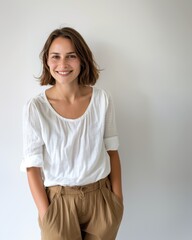 Obraz premium Smiling Woman in White Blouse and Brown Pants. Generative AI.