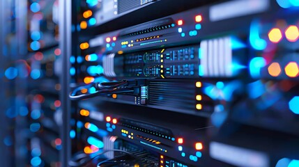Network Server Room with Bright LED Lights. Data, Cloud Computing, and Internet Technology Infrastructure