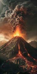 Fototapeta premium Vulcão em erupção com fumaça e lava incandescente girando
