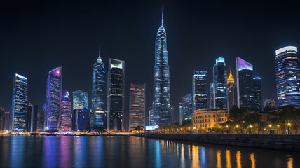 Obraz premium A dazzling cityscape at night, with tall buildings illuminated against the dark sky.