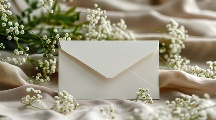 wedding invitation mockup with beige envelope ribbon gypsophila flowers on linen tablecloth wedding stationery set.image