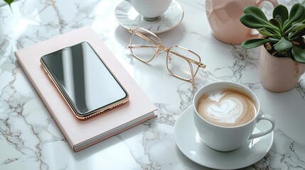 feminine home office desk concept white marble background with smartphone paper notepad glasses cup of coffee top view flat lay copy space.stock photo