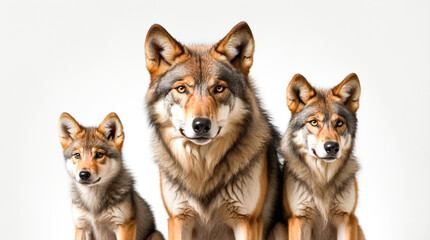 Three brown wolves sitting closely together on a white background.