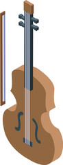 Classical wooden violin with bow for playing classical music isometric icon