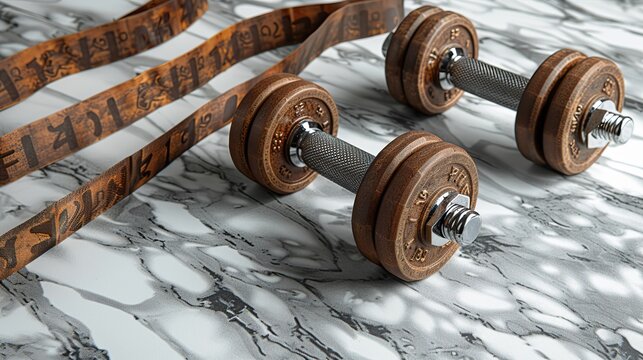 Dumbbells Elastic Band And Roller On Marble Background Workout Equipment Top View.stock Photo