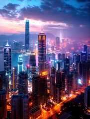 Fototapeta premium Captivating Long Exposure of a City Skyline at Dawn Transitioning to Daylight Urban Serenity and Stunning Sunrise Over Skyscrapers, Embracing the Tranquil Beauty of Metropolis