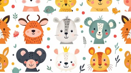 A seamless pattern featuring cute animal faces, perfect for children's products and designs.