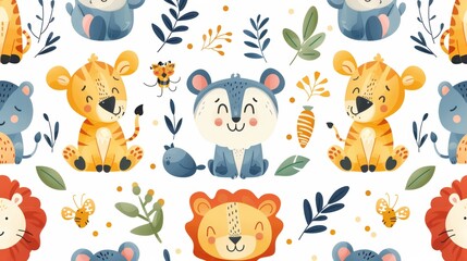 Cute seamless pattern with cartoon animals, lions, tigers, bears and leaves. Watercolor illustration.