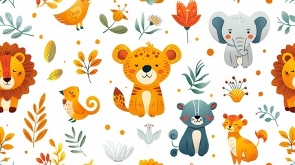 Fototapeta premium Cute seamless pattern with jungle animals, flowers, and leaves on a white background.
