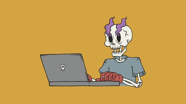 retro cartoon animation of working skeleton with laptop