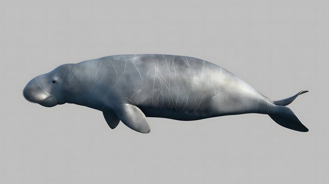 1. Render a detailed image of a dugong's entire body, isolated on a transparent background, showcasing its streamlined form, distinctive fluke-like tail, and blunt snout without any text or logos.