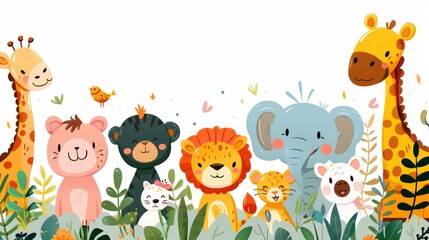Naklejka premium A group of adorable jungle animals, including a giraffe, lion, elephant, bear and more, smiling happily in a lush green jungle.