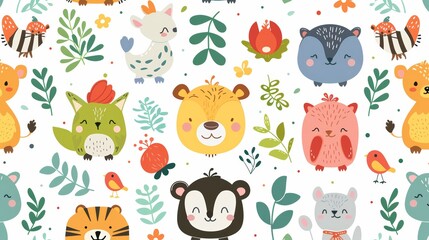 Cute seamless pattern with cartoon animals and floral elements. Perfect for kids' products, textile, wallpaper, and more.