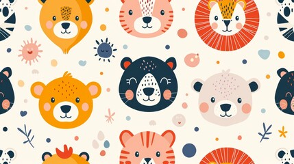 Cute animal faces pattern with colorful accents. Perfect for kids' fabric, wallpaper, and more.