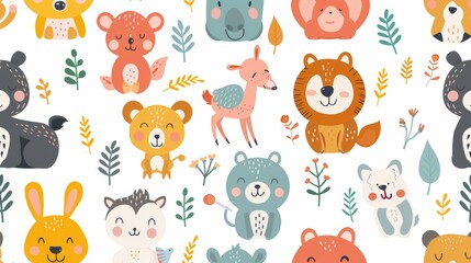 Cute animal seamless pattern with various animal characters and floral elements on white background.