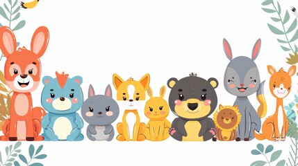Obraz premium Cute cartoon animals lined up, with space for text, perfect for children's book covers, cards, or invitations.