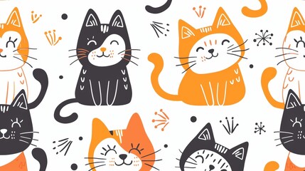 Cute seamless pattern with black and orange cats on a white background.  Perfect for fabric, wallpaper, and packaging.