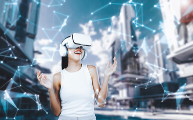 Female stand wear white VR headset and white sleeveless connect metaverse, future technology create...
