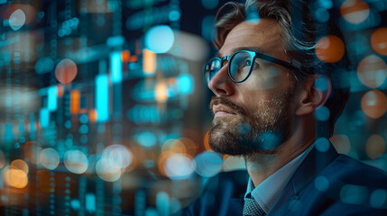a businessman looking at charts and statistics on a futuristic screen, trading and investment concept