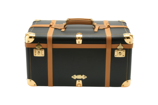 Vintage Black Leather Suitcase with Gold Accents