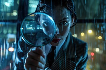a female detective engaged in investigative activities, using tools like magnifying glasses and examining documents in a city environment. creating a mysterious and thrilling mood.