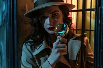 a female detective engaged in investigative activities, using tools like magnifying glasses and examining documents in a city environment. creating a mysterious and thrilling mood.