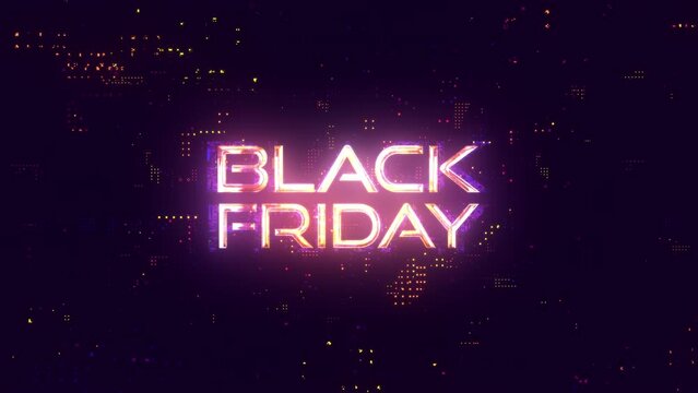 3D animation of Black Friday glow glitch text digital effect cinematic title background. Ending cover for intro, title banner. colorful retro gaming console style.