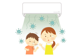 エアコンから出てきたカビでくしゃみを繰り返す子どもと困るお母さん
