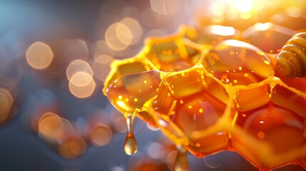 Honeycomb with Dropping Honey and Bokeh Background