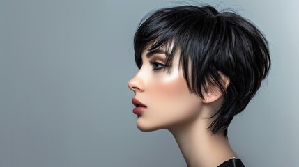 Fototapeta premium A woman with short black hair stands confidently against a gray background. 