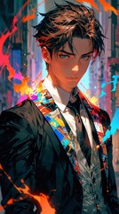 Obraz premium オーラを纏ったビジネスマンアニメ風イラスト,Generative AI AI画像
