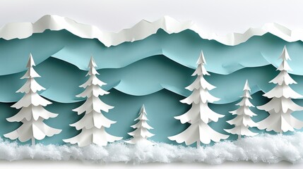Obraz premium An enchanting winter scene crafted from paper, featuring snow-covered trees and mountains, evoking a serene and festive mood.