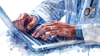 Fototapeta premium Watercolor doctor typing on laptop, close up of hands with stethoscope, illustration isolated on white background.