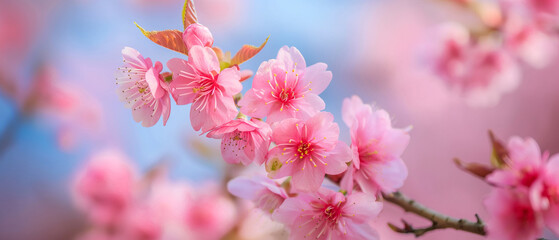 Detailed Shot Cherry Blossom Bloom, Intricate Petals, Blurred Blue Sky