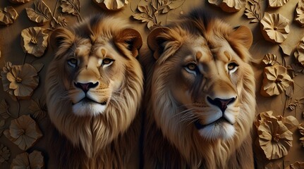 Fototapeta premium Beautiful lions 3d relief wallpaper Mural wallpaper Wall art.generative.ai