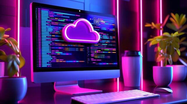 Illustration of web development, with a computer showing clouds and code on the screen, in the flat design style, on a colorful background with gradient colors