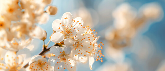 Fototapeta premium Detailed Shot Cherry Blossom Bloom, Intricate Petals, Blurred Blue Sky