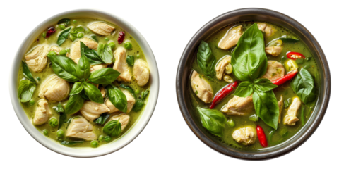Green Curry Chicken Set Isolated on Transparent or White Background, PNG