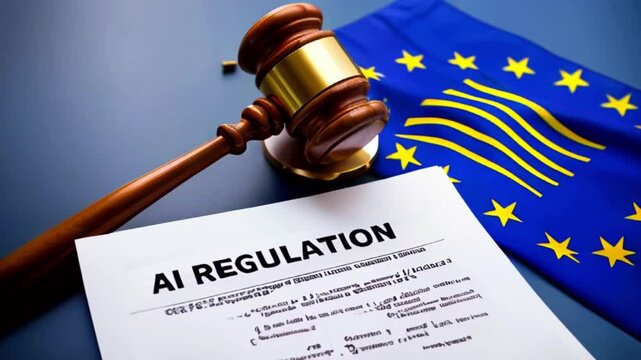 The video is of a gavel resting on a document titled "AI Regulation" with the European Union flag in the background.