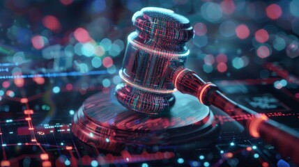 Futuristic Legal System Concept - Holographic Gavel on Virtual Bankruptcy Documents