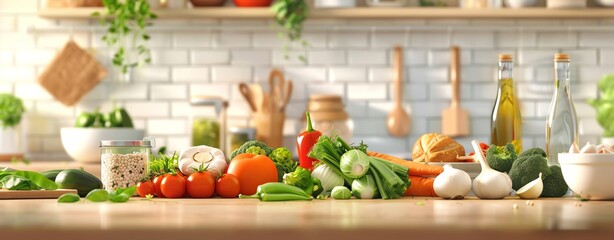 A cozy kitchen scene with fresh vegetables and ingredients on the counter, hand-drawn style cartoon illustration with detailed background elements, soft colors, light and shadow