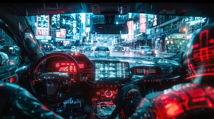 Futuristic Holographic Car Display Showing Fuel Costs in Cyberpunk Red and Blue Night Scene