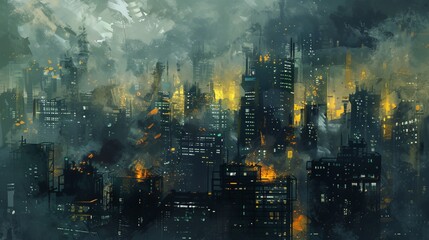 Fototapeta premium Dystopian Metropolis of Rising Oil: Dark Fantasy Cityscape with Digital Painting in Muted Tones