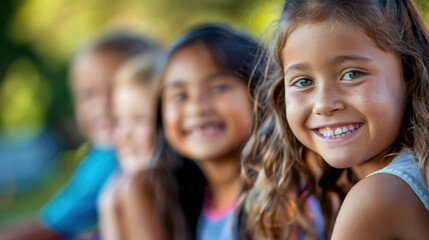 Fototapeta premium Group of smiling children sitting together outdoors, showcasing the joy of friendship and diverse backgrounds.