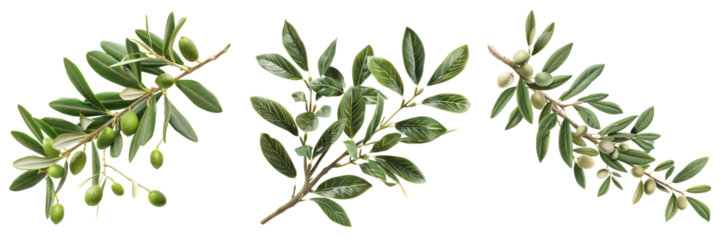 Olive Tree Branch with Leaves Set Isolated on Transparent or White Background, PNG