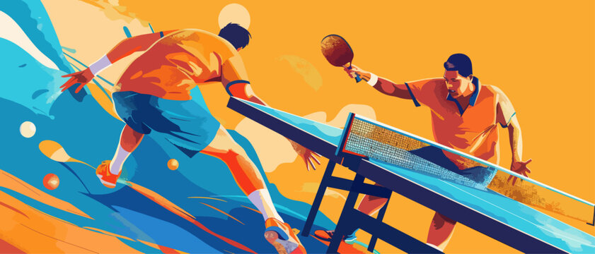 Two people playing table tennis in a vibrant, colorful scene. Both are intensely engaged in the game.. Olympics in France 2024.