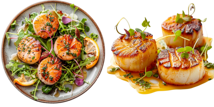 Seared Scallops with Microgreens and Citrus Glaze Isolated on Transparent or White Background, PNG