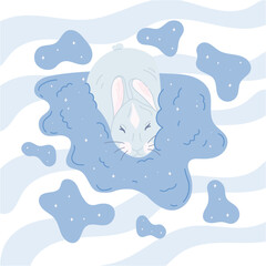 Animal on clouds concept. Sleepy bunny on a cloud. Cute vector illustration in flat style.