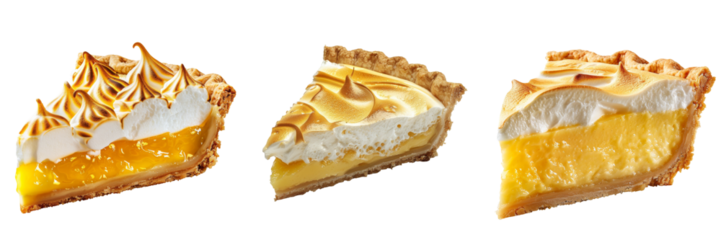 Piece of Lemon Meringue Pie with Crispy Crust Isolated on Transparent or White Background, PNG