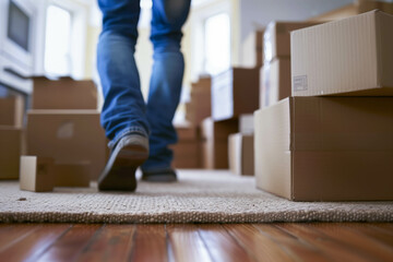 Person Stepping Over Moving Boxes Indoors